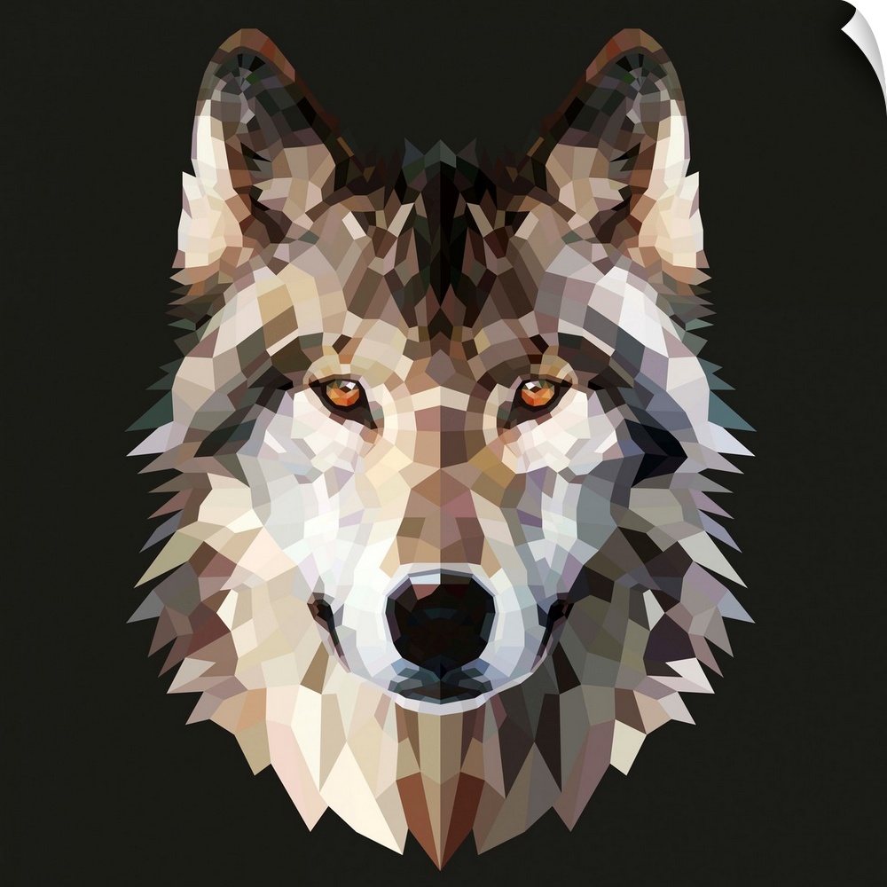 Contemporary artwork of a polygon mesh wolf portrait.