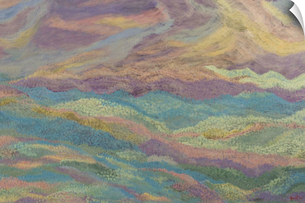 Quiet Guitron selects a palette of pastel tones to paint this enchanting abstract landscape. Dawn clouds in glowing rose a...