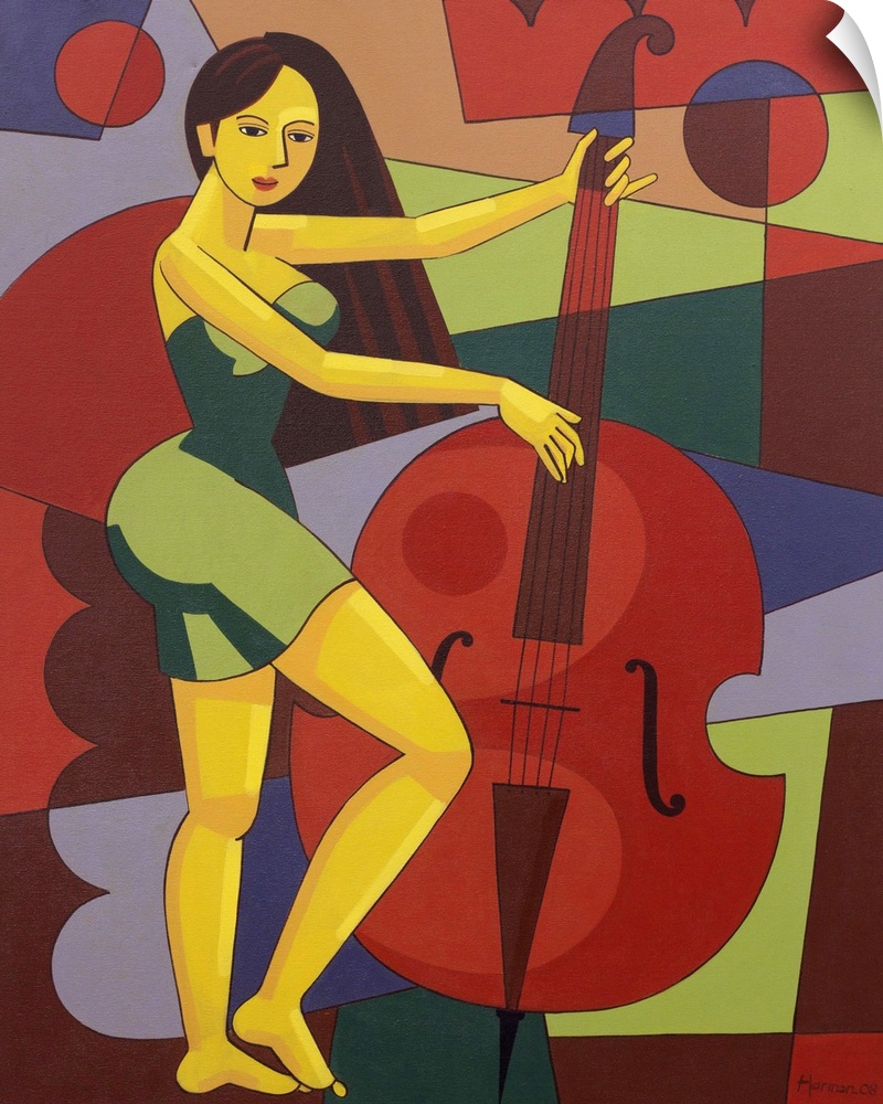 Plucking the strings of her contrabass, a woman accompanies herself in an expression of song. Harman depicts her in a cool...