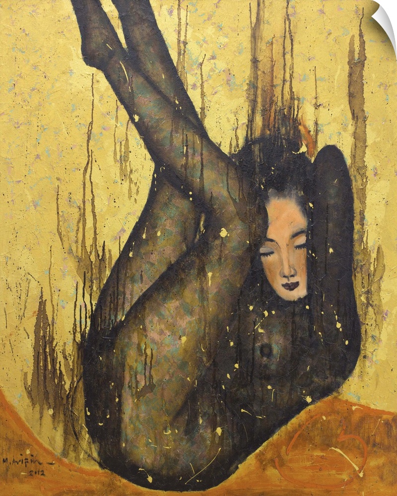 Muhammad Arifin depicts a beautiful nude falling into a golden pool, combining warm oil colors on canvas to summon the wor...