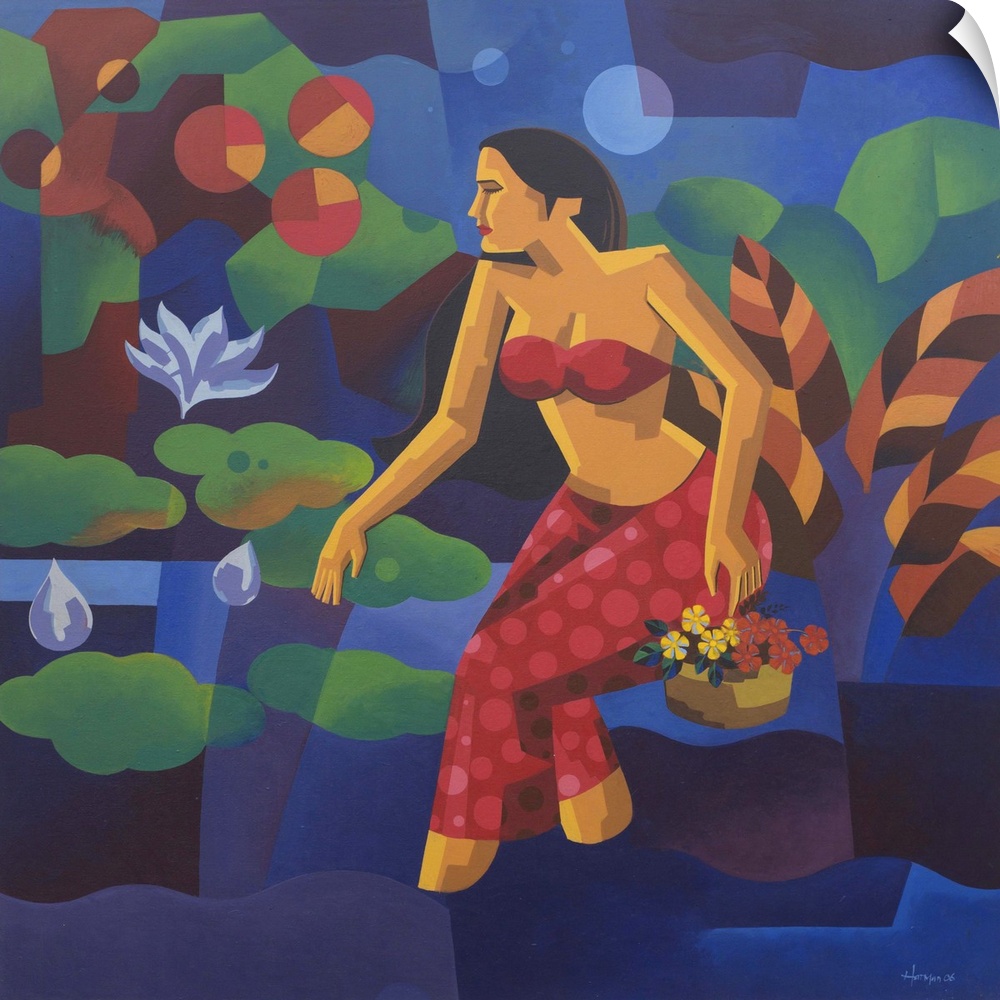 'As symbol of love for God and all living beings, I painted a woman in a garden near the river. Her left hand holds a bask...