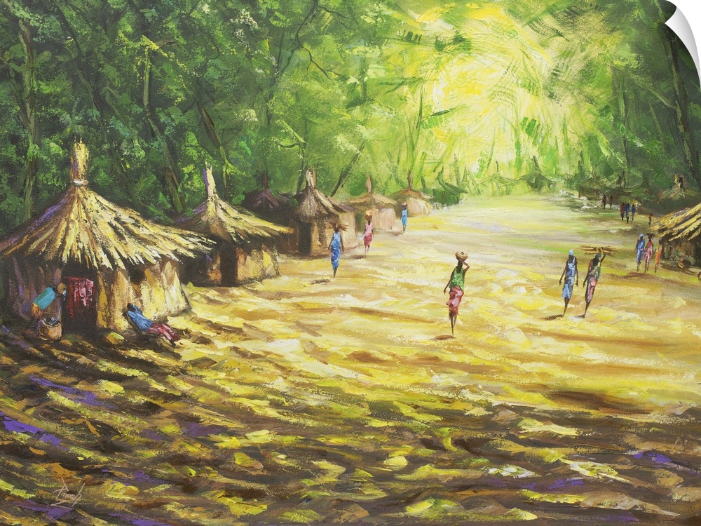 Calm reigns in this village as neighbors go about their daily chores in this composition by Francis Amoah. Painting with a...