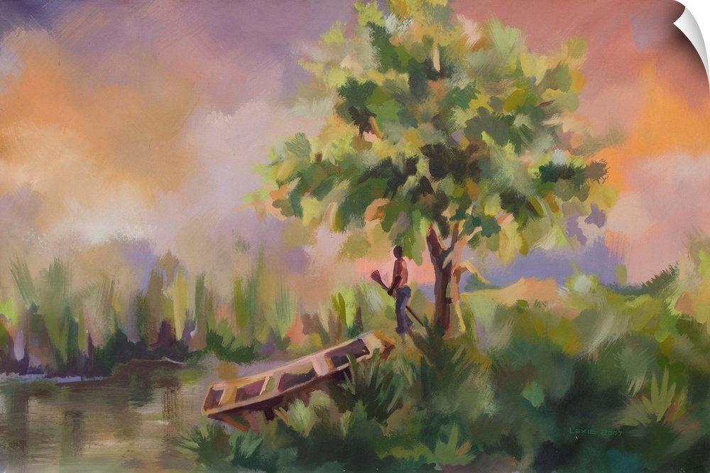 Standing under a tree with an oar in his hand, a man contemplates the serenity that reigns over the river bank. Painting w...