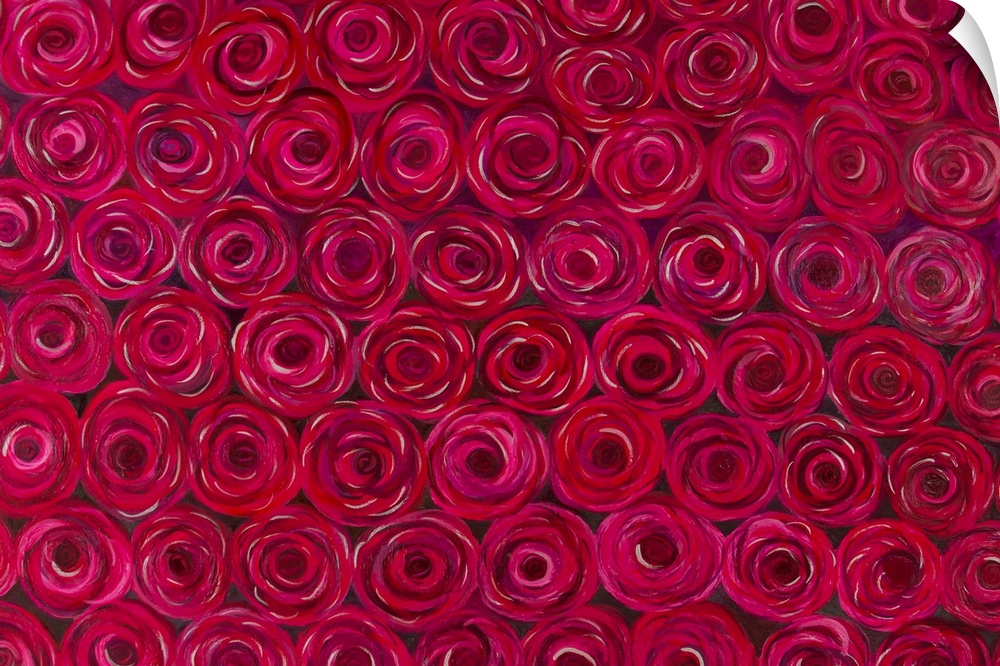 Red roses multiply, their beauty repeating itself into infinity. Quiet Guitron works in encaustic with oils to create an i...