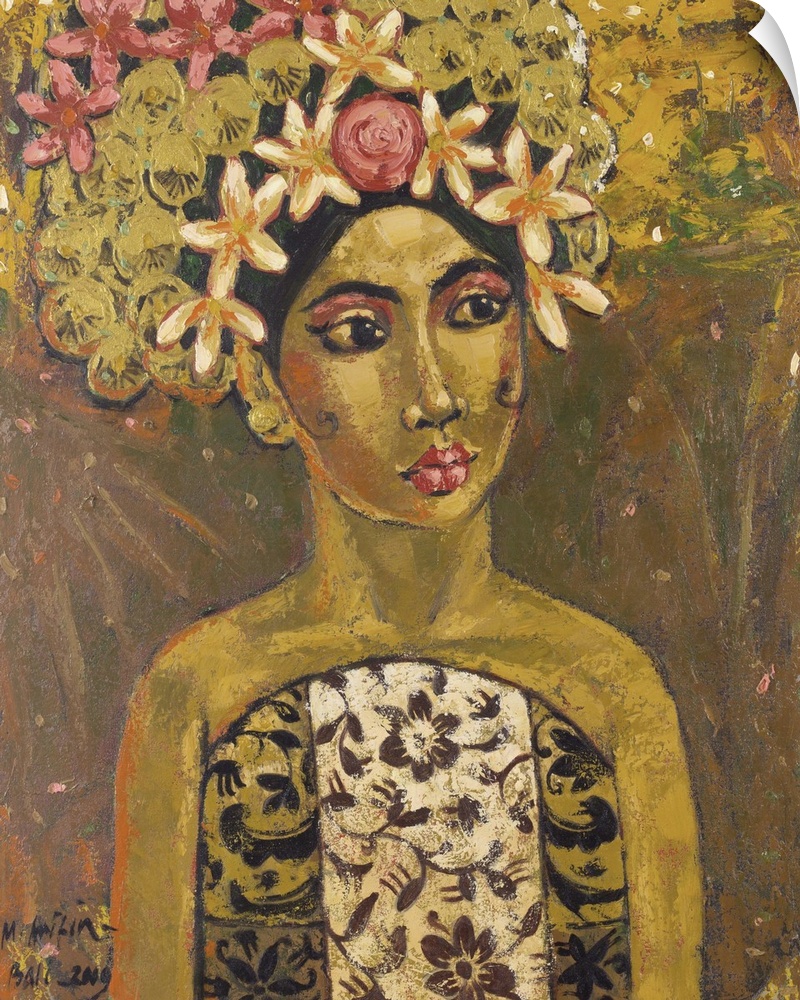 A florid headdress frames her beautiful face in a portrait by Mohammad Arifin. Painting with acrylics, Arifin honors the c...