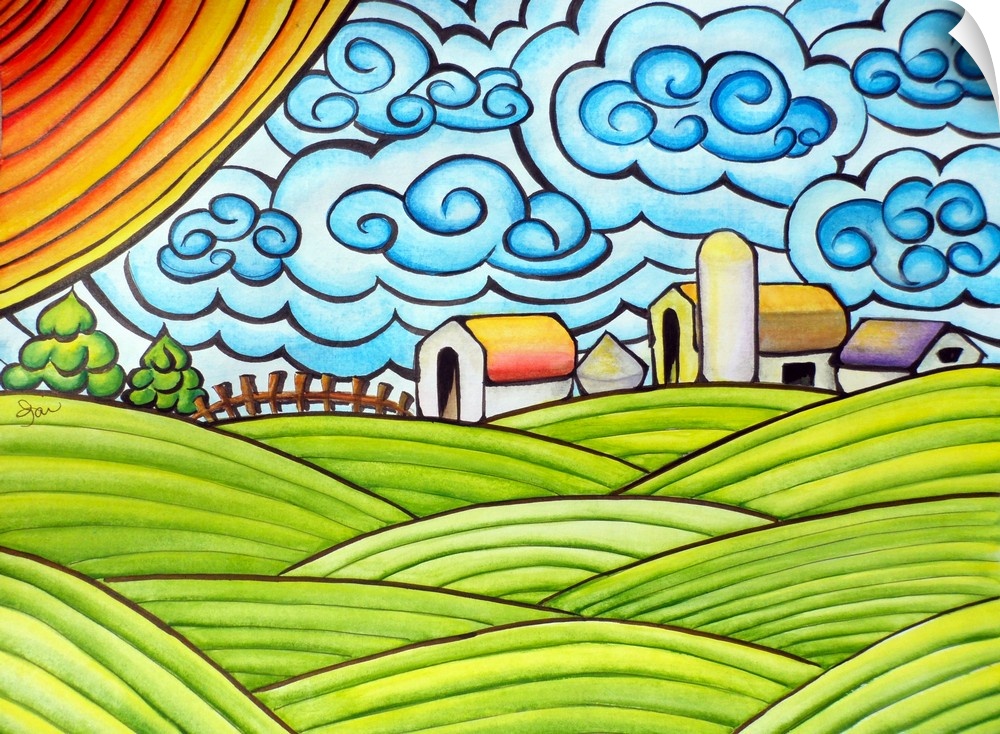 Whimsical painting of a farm landscape with bright colors and fun brushstrokes.