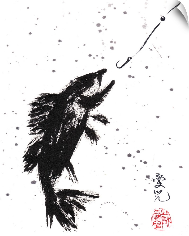 Chinese ink and splatter painting of a fish about to bite a hook.