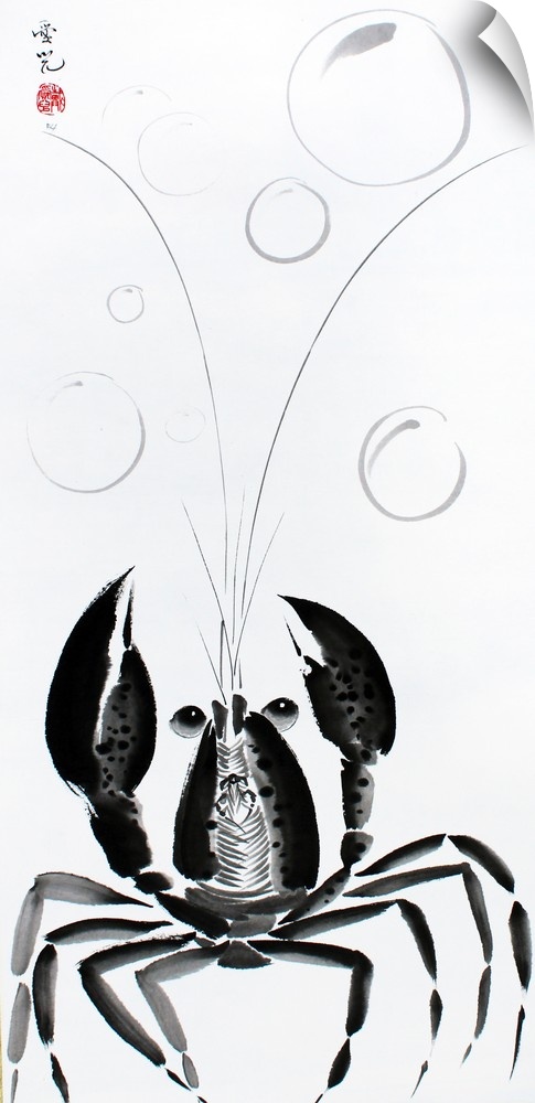 Chinese ink painting of a lobster with long whiskers and bubbles at the top.
