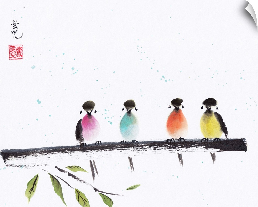 Chinese Ink and Watercolor painting of colorful birds perched on a branch.