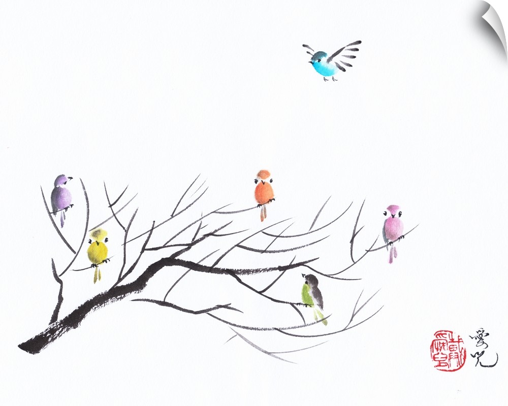 Colorful birds on bare tree branches created with Chinese ink and watercolor.