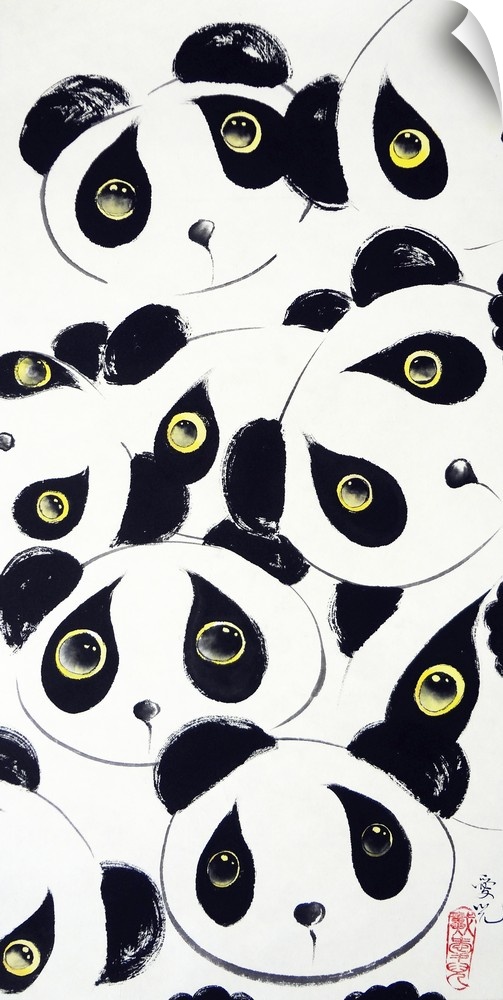 Chinese ink painting of panda bear heads with yellow eyes, compiled together on a white panel background.