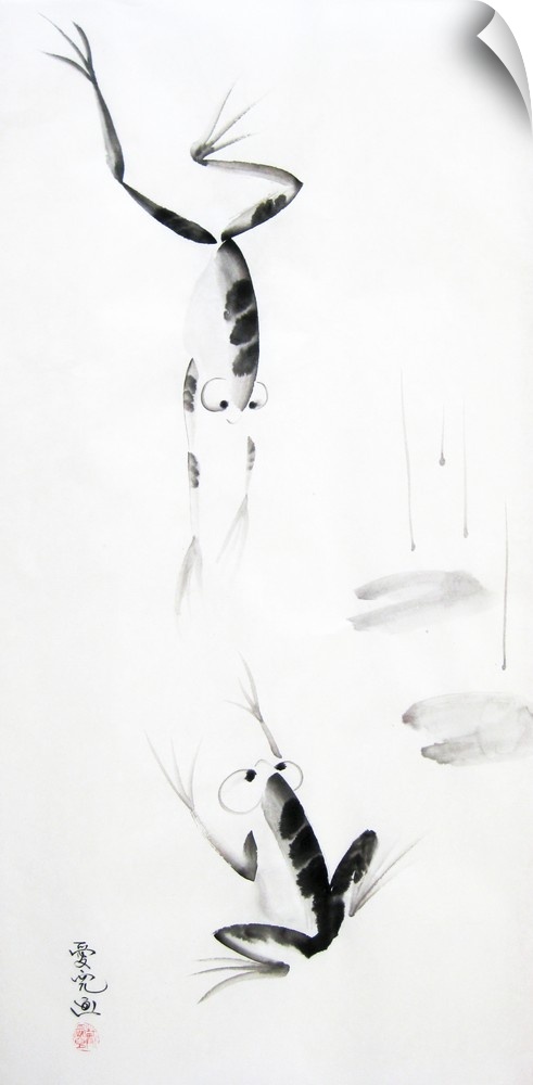 Chinese brush painting of two frogs leaping towards each other, one from the top and one from the bottom.