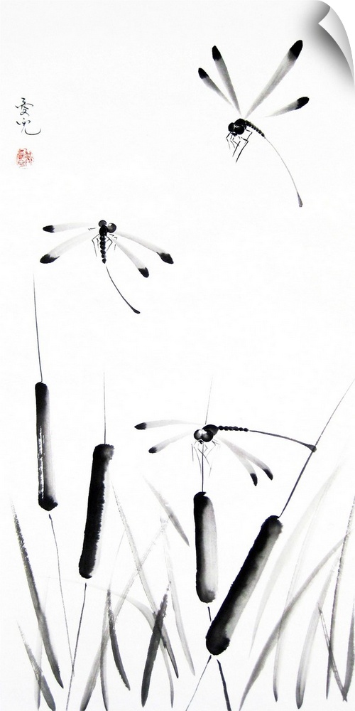 Chinese ink painting of cattails and dragonflies.