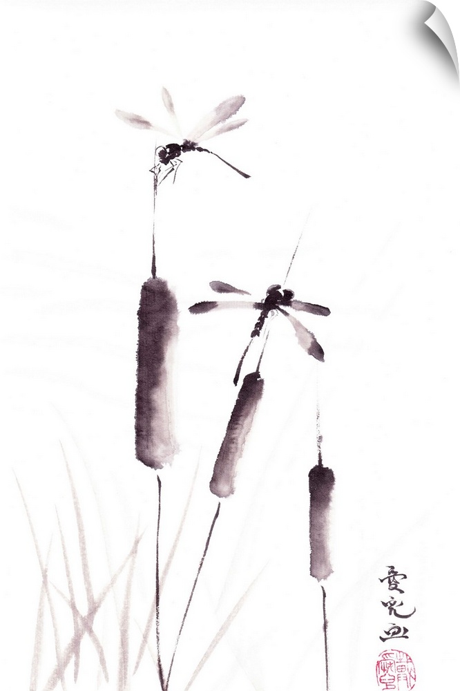 Chinese ink painting of dragonflies and cattails on a white background.