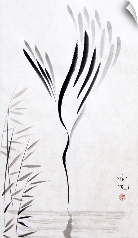 Chinese ink painting of a bird diving beak first into the water.