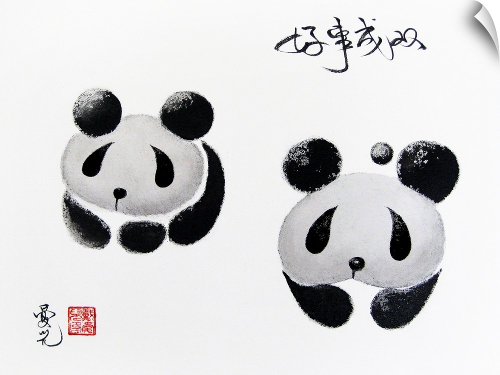 Chinese ink on canvas painting of two panda bears with the saying "Good Things Come in Pairs"