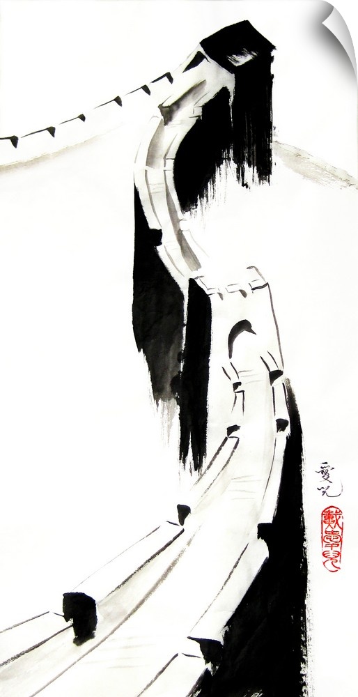 Chinese ink painting of the Great Wall of China in black and white.