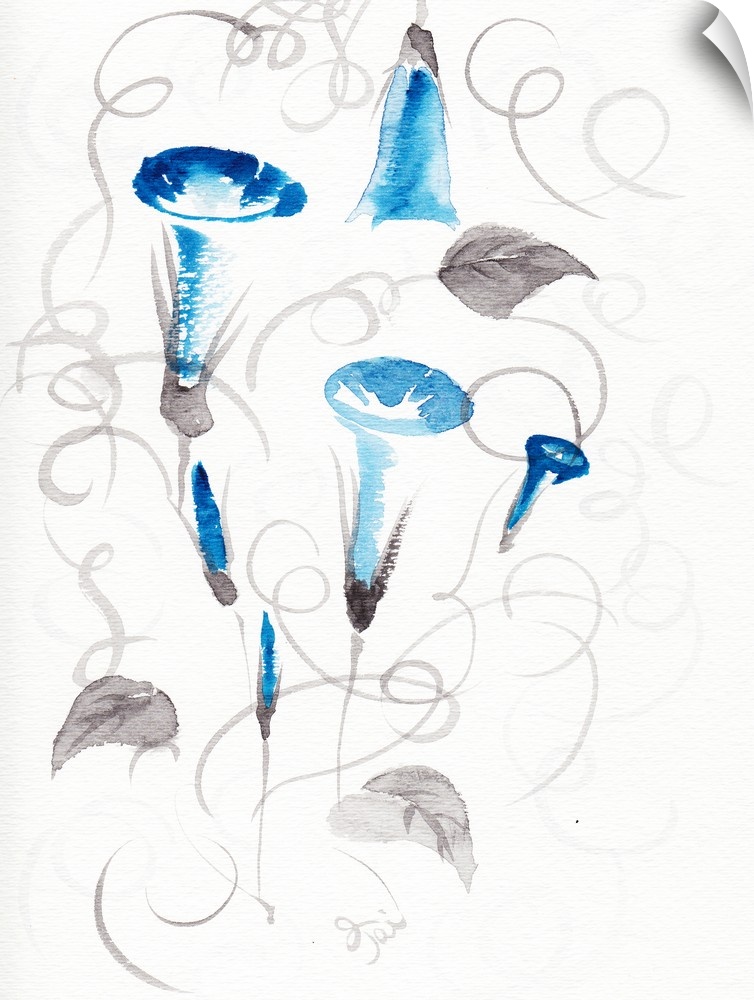 Painting of bright blue flowers and gray vines and leaves created with a blend of sumi and watercolour.