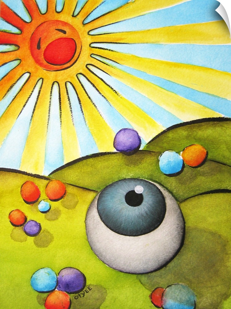 Conceptual painting of an eyeball amongst rolling hills and colorful circles, looking up at the bright screaming sun.
