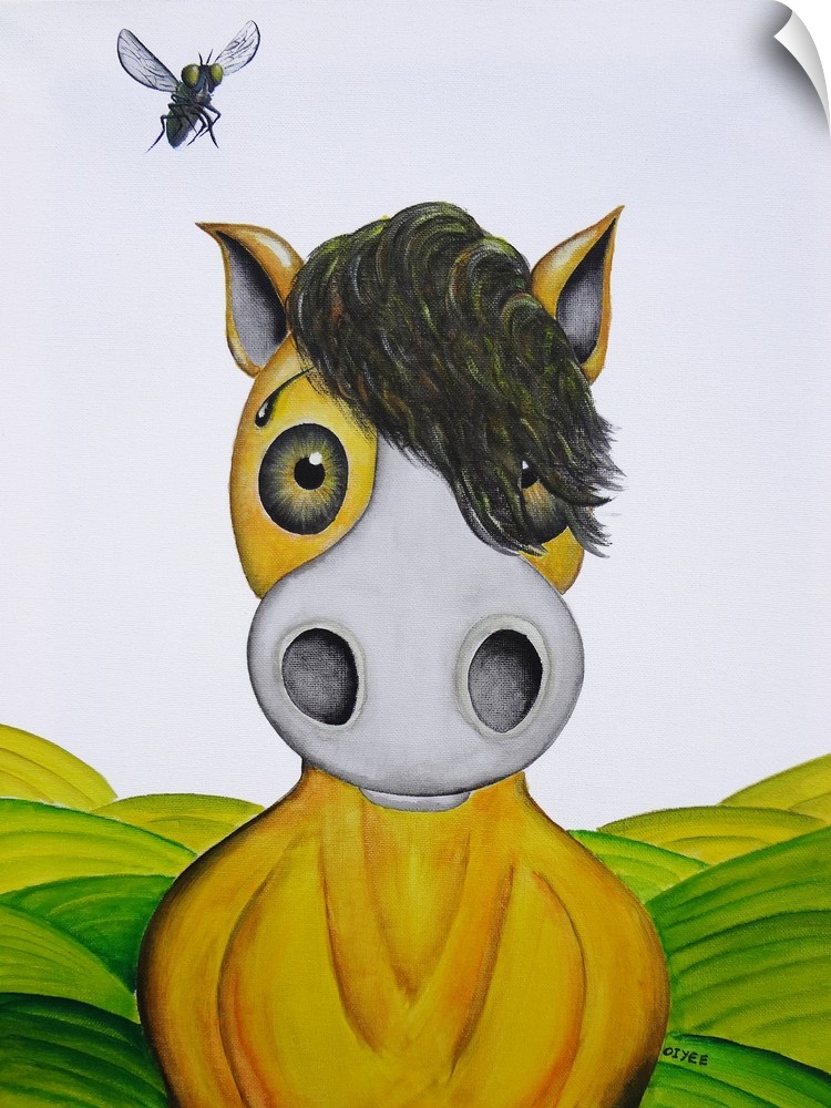 Contemporary painting of a horse with a cartoon-like face and a fly above its ear.
