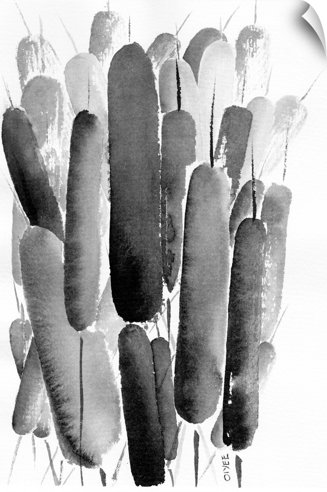 Contemporary ink painting of cattails in black and white.