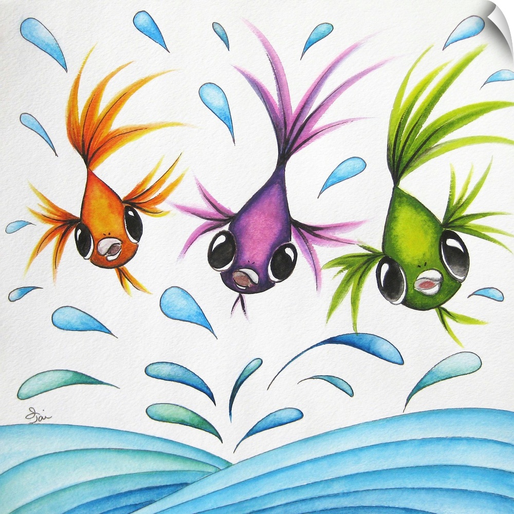 Square painting with three bright fish swimming through water droplets.
