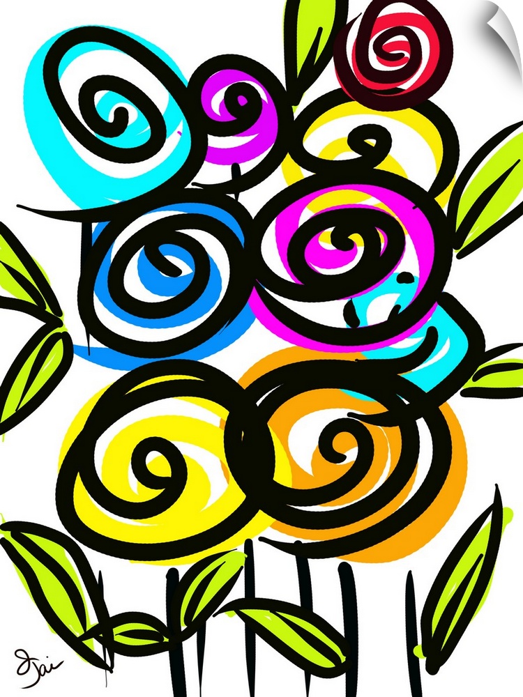 Digital illustration of vibrant colored flowers on a white background.