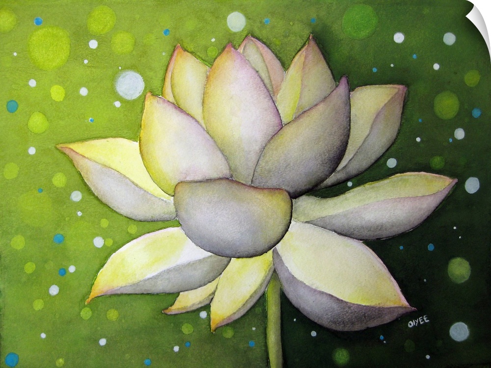 Painting of a white lotus flower on a green background with blue, white, and light green dots.