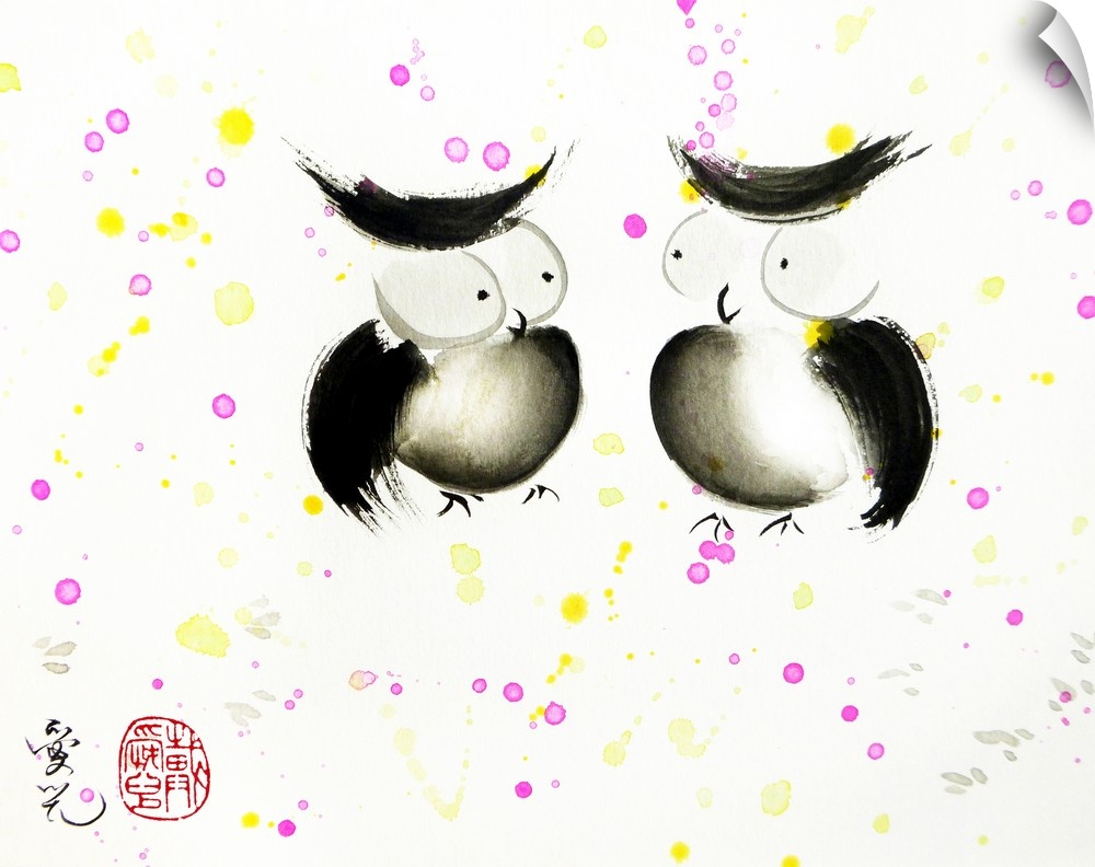 Painting of two owls looking at each other on a white background with pink and yellow paint splatter.