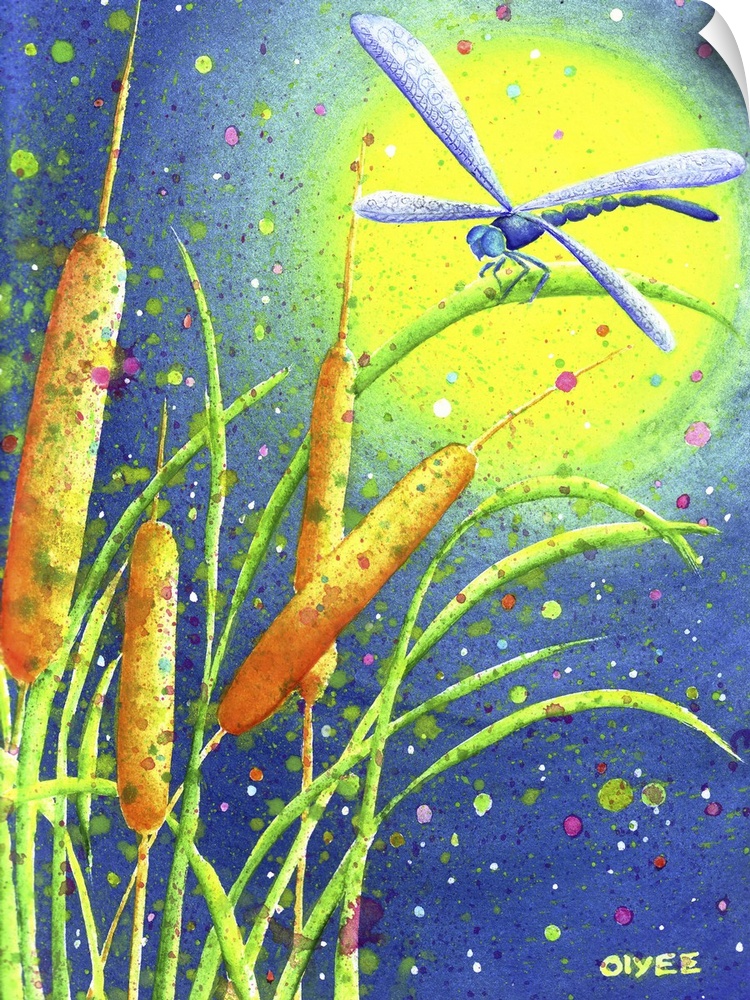 Beautiful watercolor painting of a dragonfly sitting on cattails with a bright moon in the background and paint splatter a...