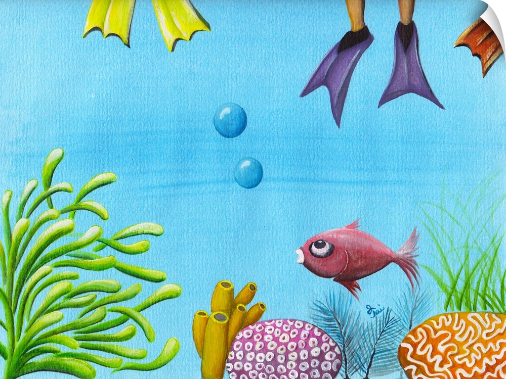Vibrant painting of a fish swimming through the coral reef with colorful scuba fins on the top of the water.