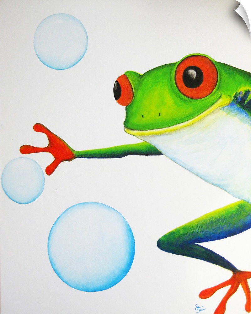 Contemporary painting of a vibrant tree frog trying to catch bubbles.