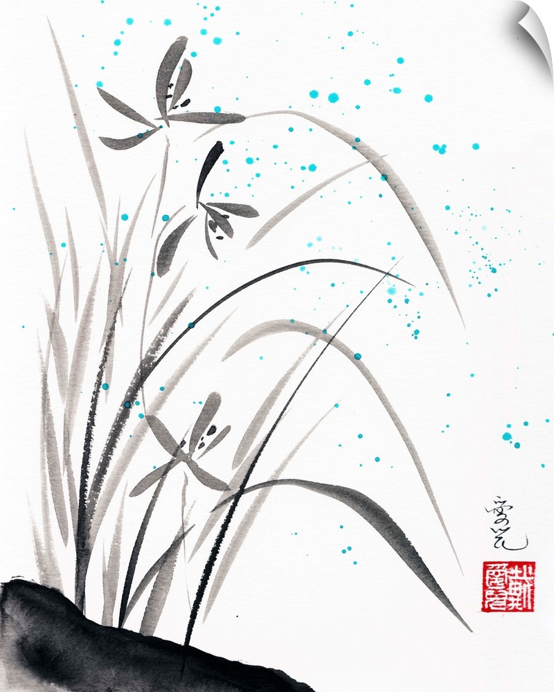 Chinese ink painting of blooming orchids and bright blue rain drops.