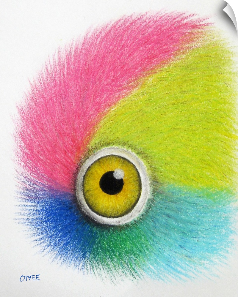 Pastel painting of a parrot's eye close-up with vibrant colors.