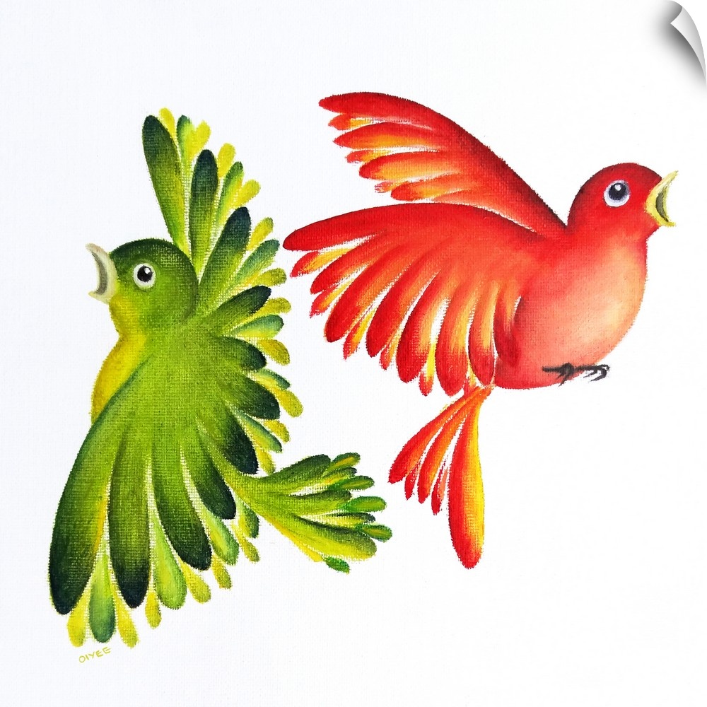 Square painting of two vibrant birds, one red and yellow and the other green and yellow, on a white background.
