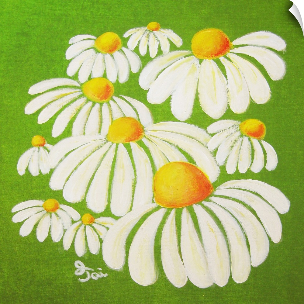 Cute nursery art for the baby's room, or painting for a little girl's room of white flowers on a bright green background.