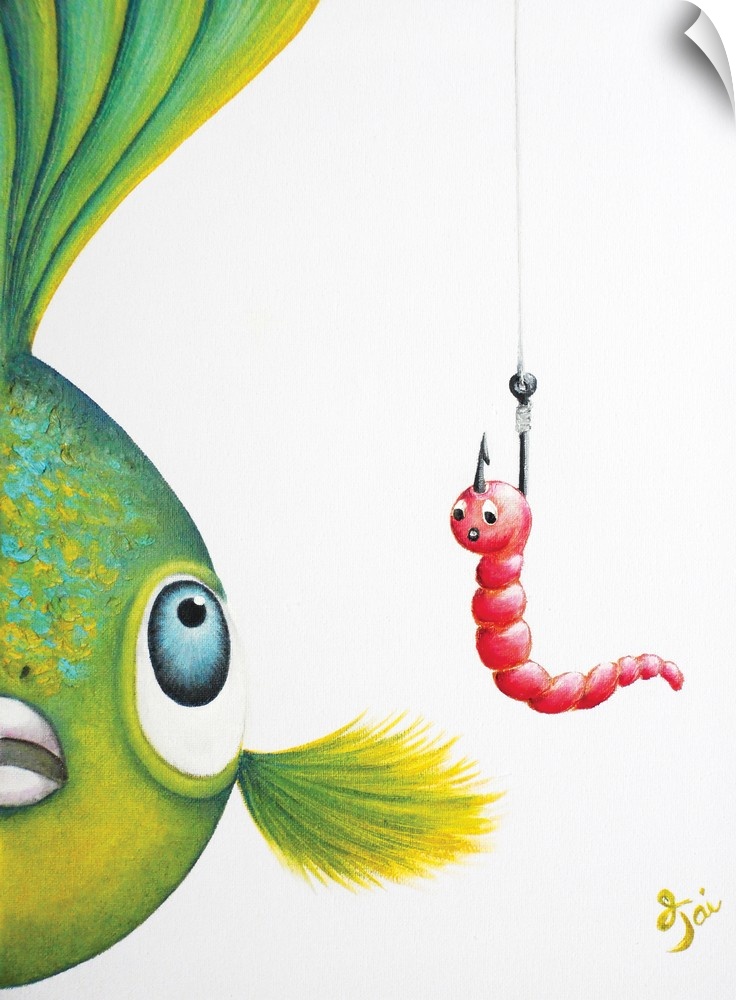 Contemporary painting of a green, yellow, and blue fish looking closely at a bright worm attached to a hook.