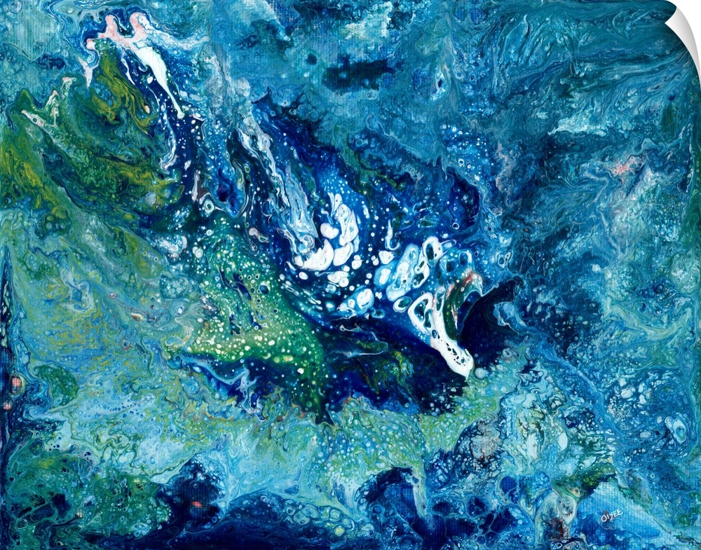 Abstract painting in cool tones of blue and green with bright white too.