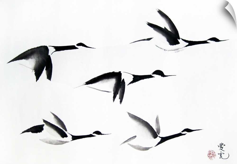 Chinese ink painting of Canadian geese  migrating south.