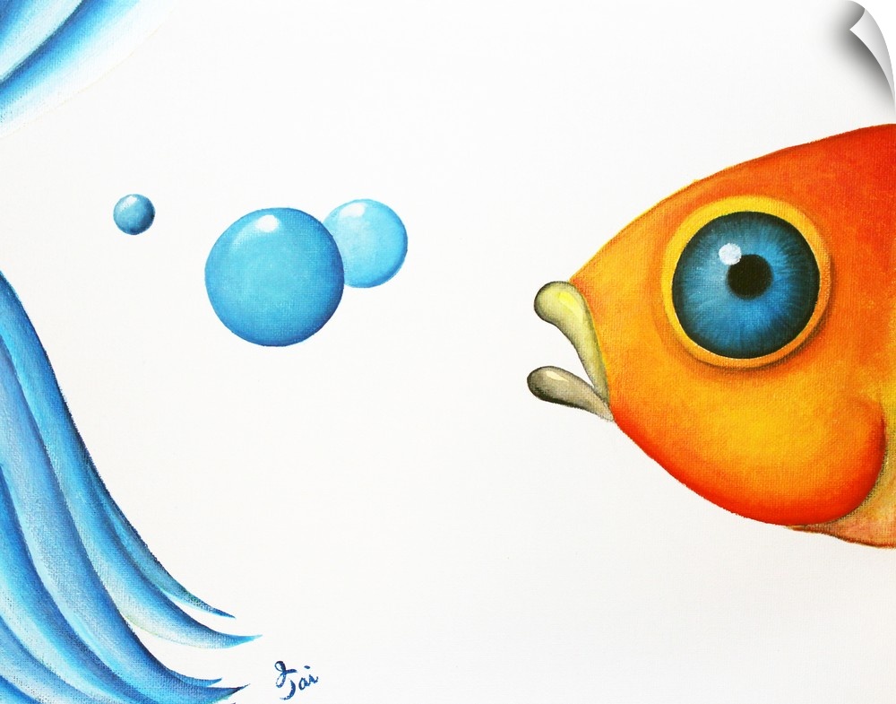 Vibrant painting of an orange fish with a blue eye, three bubbles, and the back fins of a blue betta fish.