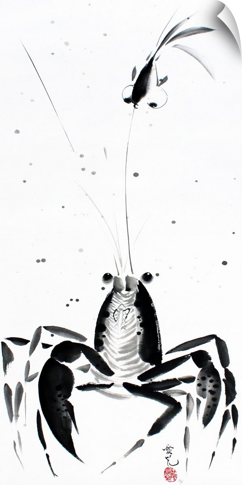 One must learn to be patient in life and wait for the right moment. Chinese ink painting of a lobster and a fish.