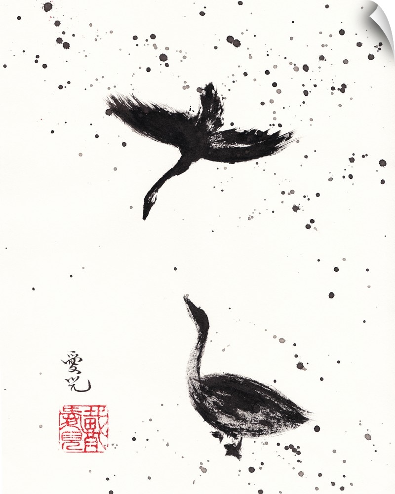 Chinese Ink Painting with two birds and paint splatter.