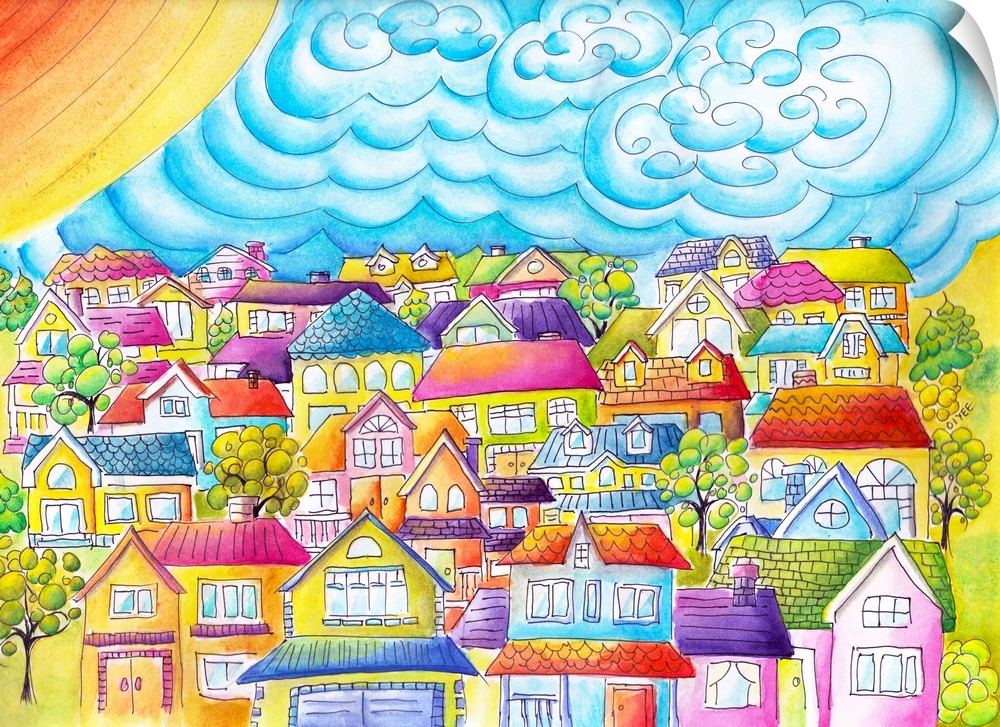 Whimsical painting of vibrant colored houses complied together in a neighborhood with few trees.