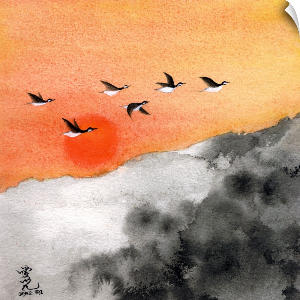 Square painting of a warm sunset with birds flying through and a black and white landscape below.