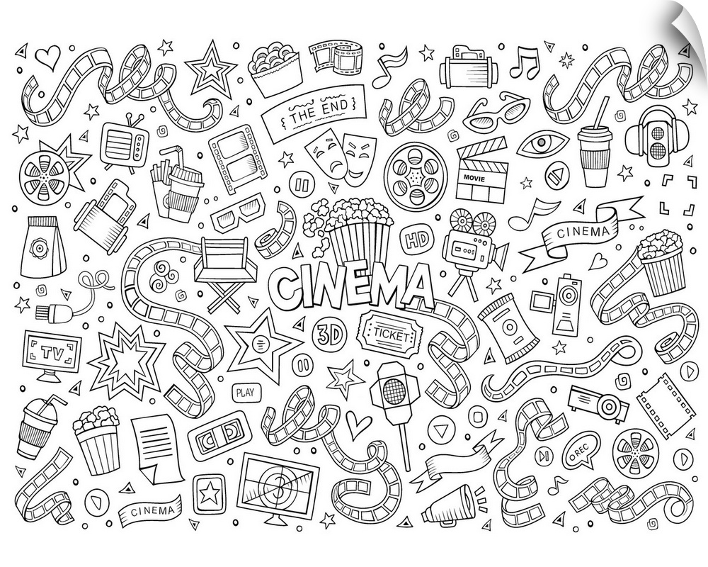 An assortment of movie-themed objects, including film reels and popcorn, surrounding the word "Cinema." Perfect for Colori...