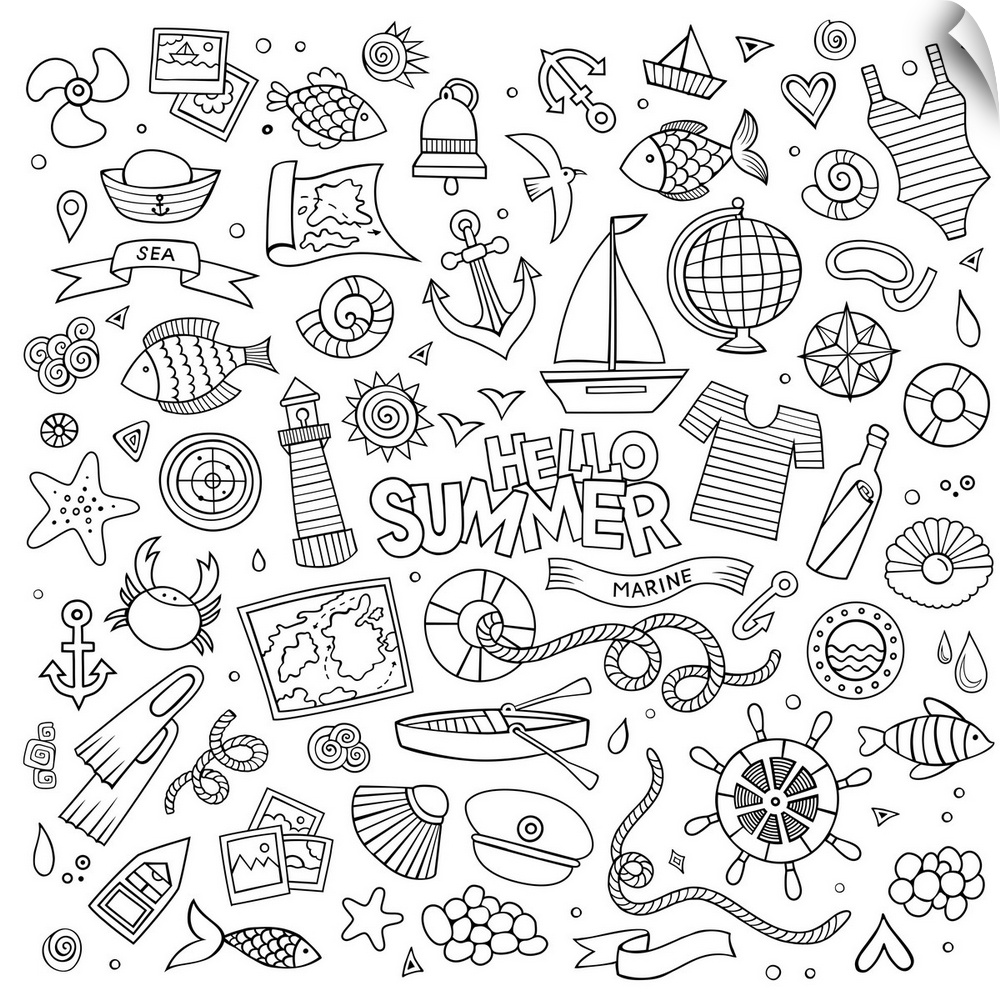 A series of summer and beach-themed objects, such as boats and fish, surrounding the words "Hello Summer." Perfect for Col...