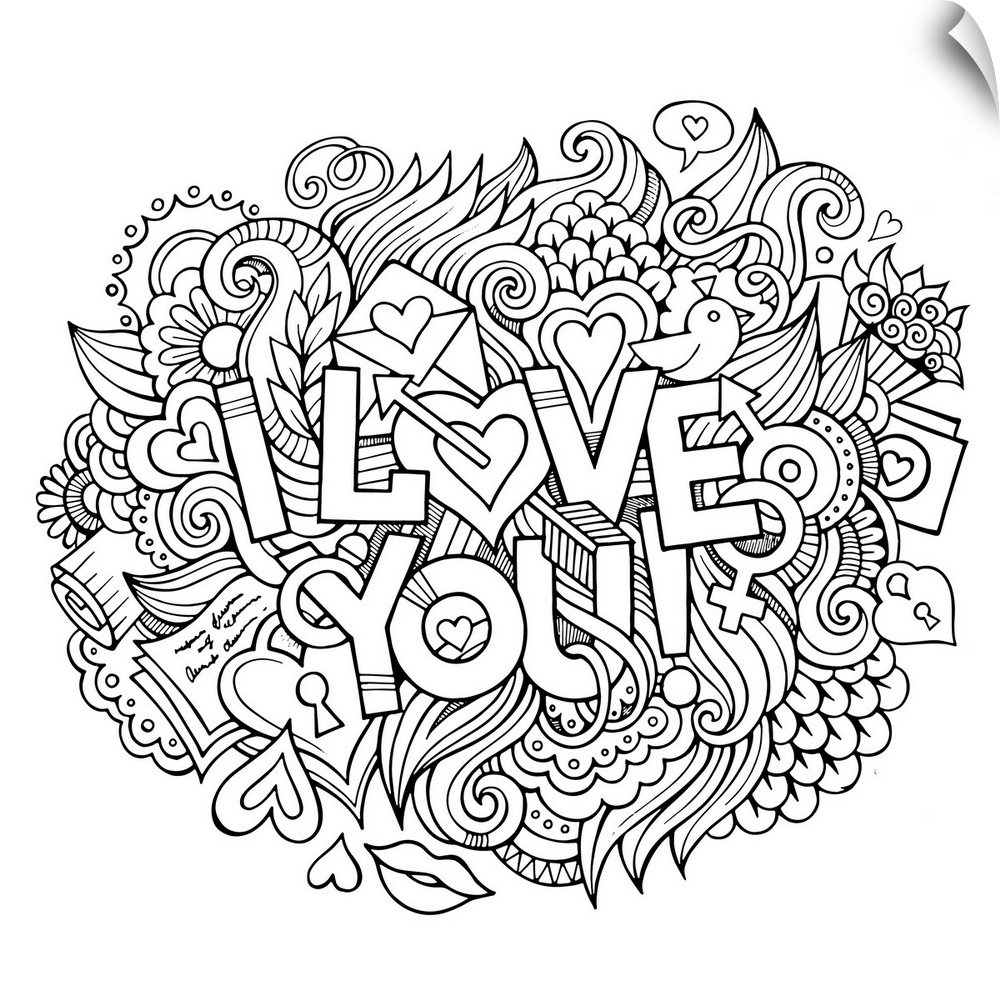 Romantic design featuring hearts and swirls, surrounding the words "I Love You!"
