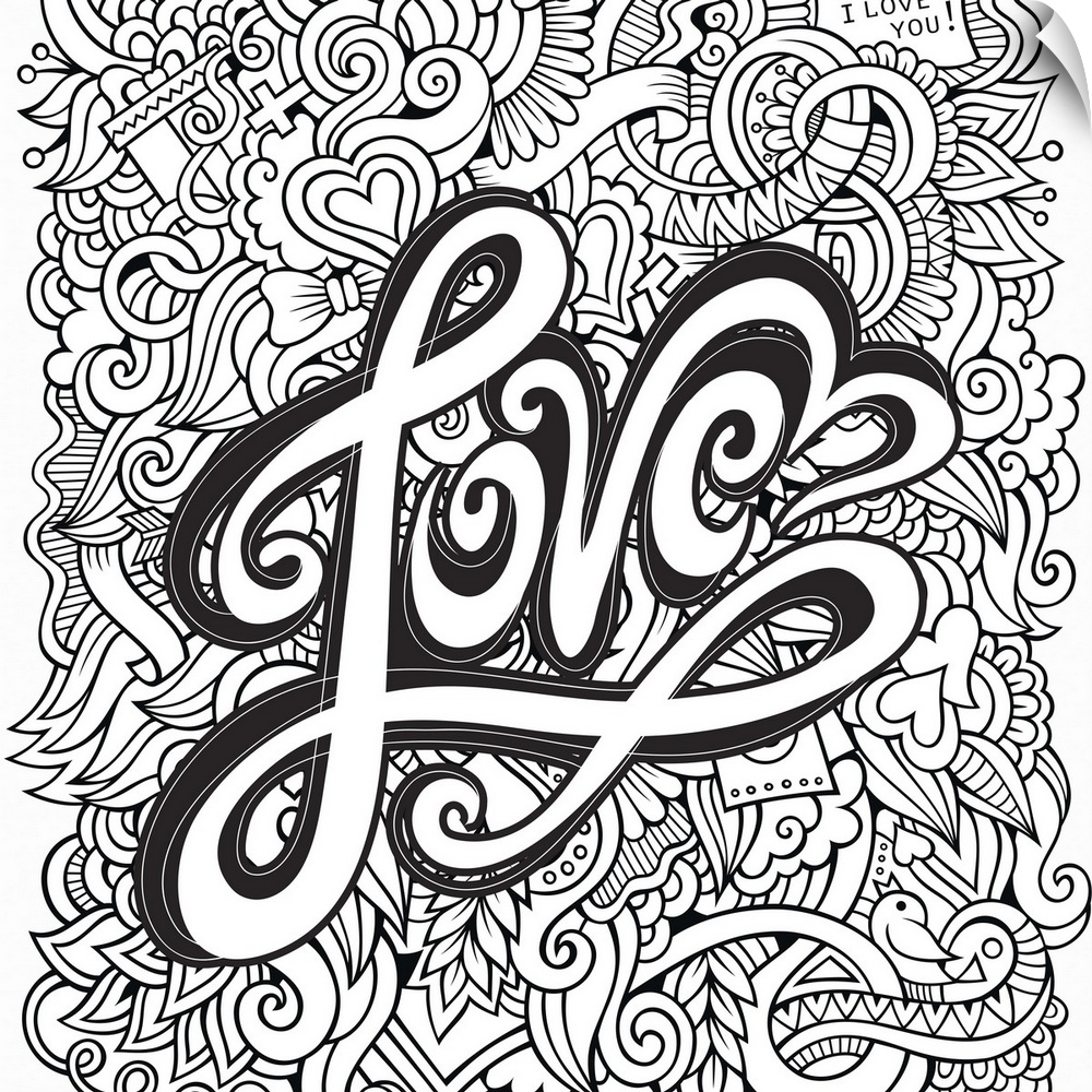 The word "Love" written in flowing script with hearts and swirls behind. Perfect for Coloring Canvas.