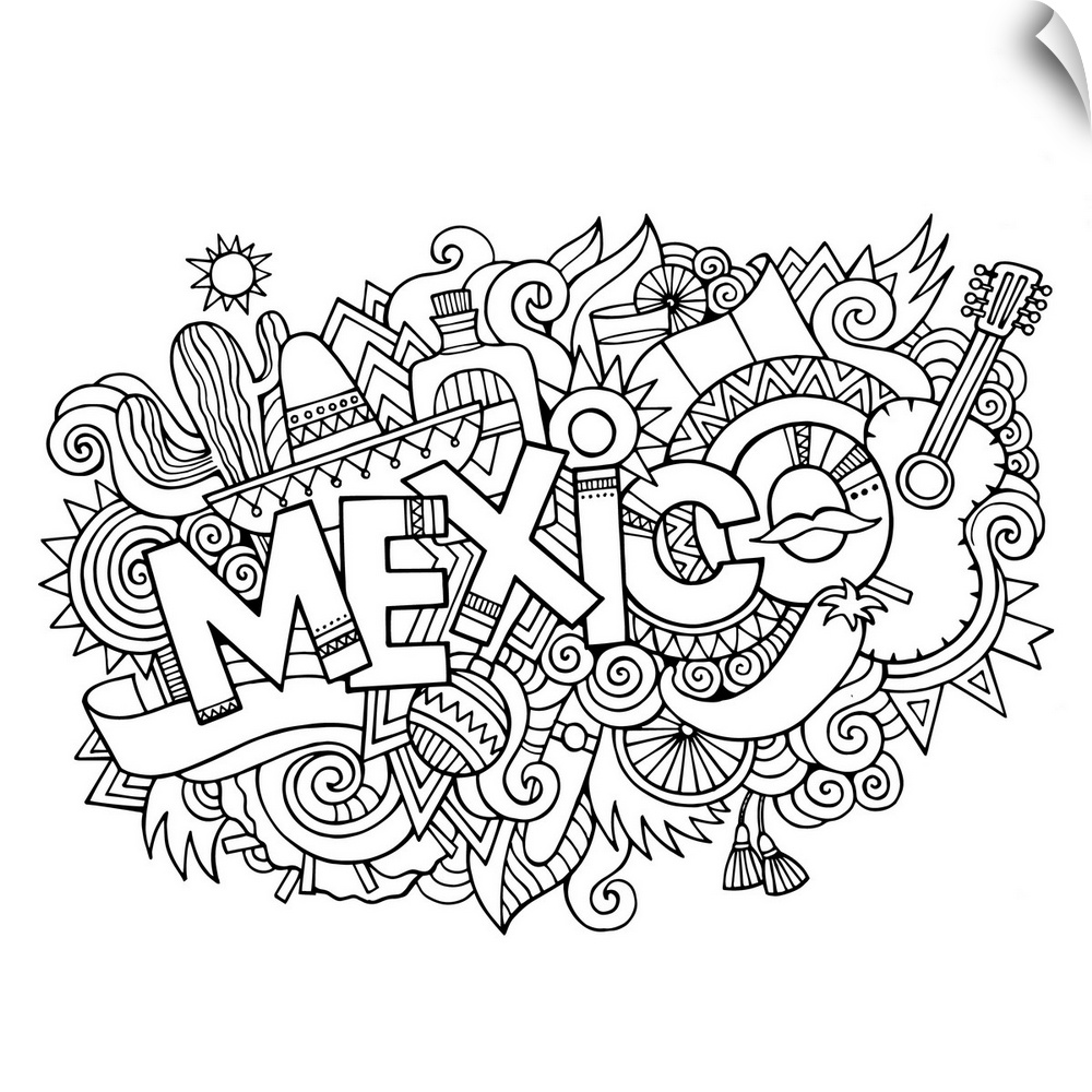 An assortment of Mexican-themed items, including a sombrero and guitar, surrounding the word "Mexico."