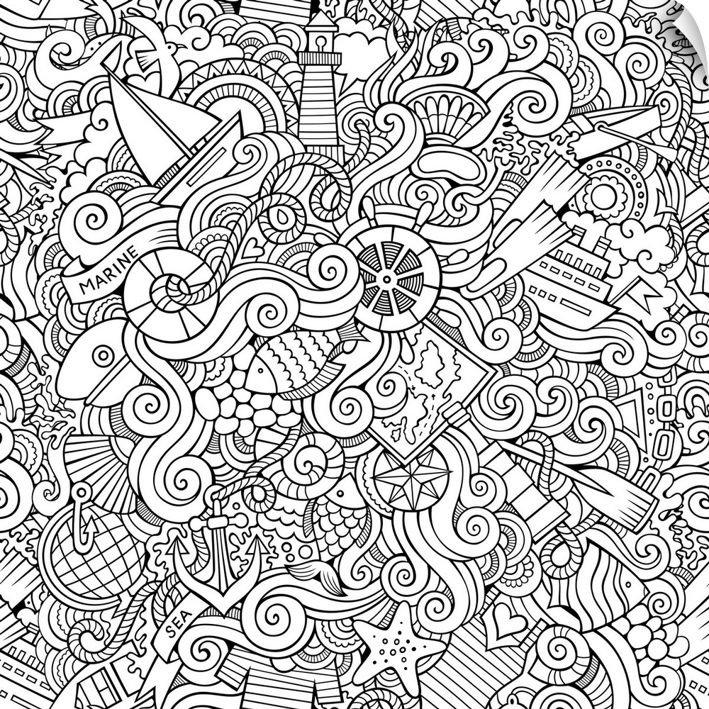 A design featuring nautical elements, anchors and fish, mixed in with swirling waves. Perfect for Coloring Canvas.